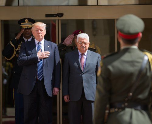 President Donald Trump participates in arrival ceremonies with President Mahmoud Abbas of the Palestinian Authority at the Presidential Palace, Tuesday, May 23, 20217, in Bethlehem.